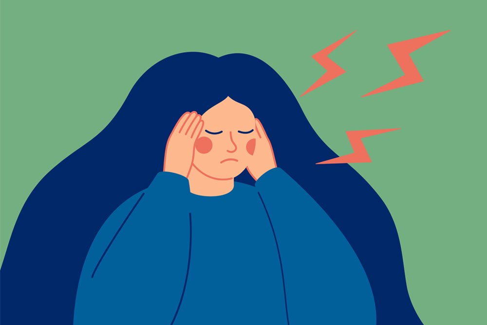 A graphic design of a patient gripping their head with both hands with waves emanating from their head to signify headache symptoms